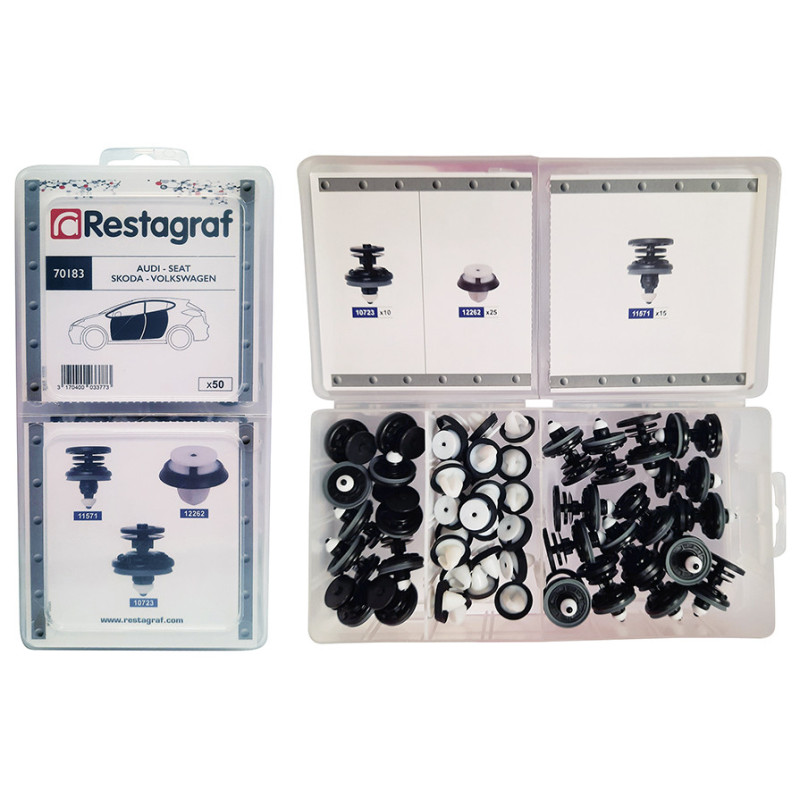 Set 50 clipsuri auto RESTAGRAF A70183, plastic, pentru Audi, Seat, Skoda, VW, cutie depozitare