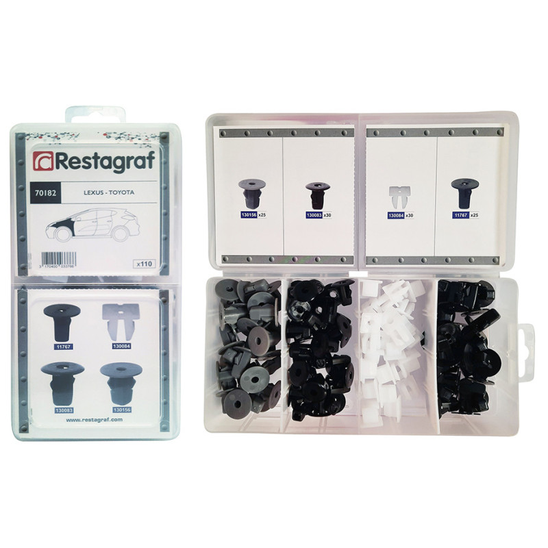 Set 110 clipsuri/piulite auto RESTAGRAF A70182, plastic, pentru Lexus, Toyota, cutie depozitare