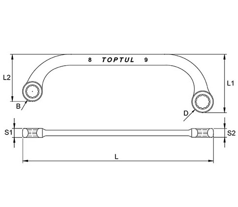 Cheie dubla inelara cotita tip U TOPTUL AAAC1618, deschidere cheie 16 x 18 mm, lungime 220 mm, otel crom vanadiu, finisaj satinat