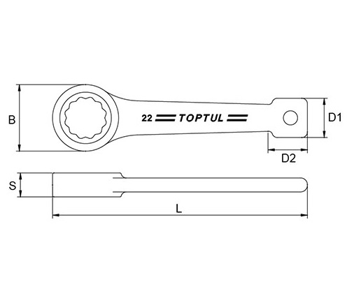 Cheie inelara de impact TOPTUL AAAR2222, deschidere cheie 22 mm, lungime 162 mm, otel crom molibden, finisaj negru fosfatat