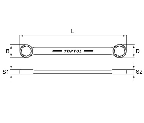 Cheie inelara dubla TOPTUL AABM3032, format plat, deschidere cheie 30 x 32 mm, lungime 335 mm, otel crom vanadiu, finisaj satinat