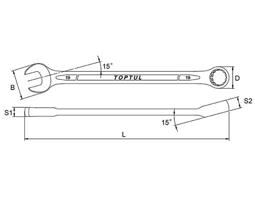 Cheie combinata lunga TOPTUL AAEA1010, cot 15 grade, deschidere cheie 10 mm, lungime 170 mm, otel crom vanadiu, finisaj satinat