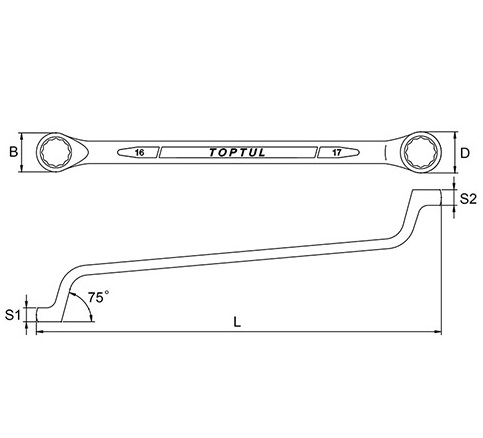 Cheie inelara dubla TOPTUL AAEI1013, cot 75 grade, deschidere cheie 10 x 13 mm, lungime 217 mm, otel crom vanadiu, finisaj satinat