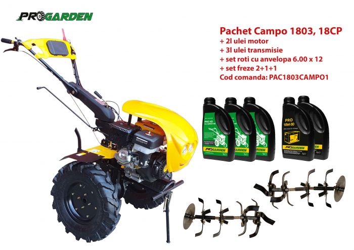 Pachet motocultor ProGARDEN Campo 1803 PAC1803CAMPO1, benzina, EURO 5, 18 CP, 2+1 trepte, ulei motor si transmisie incluse