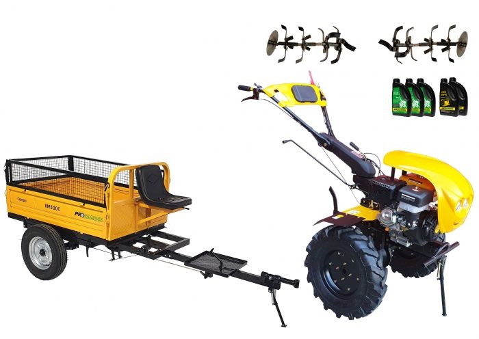 Pachet motocultor ProGARDEN Campo 1803 PAC1803CAMPO3, benzina, EURO 5, 18 CP, 2+1 trepte, remorca 500 kg, ulei motor si transmisie incluse