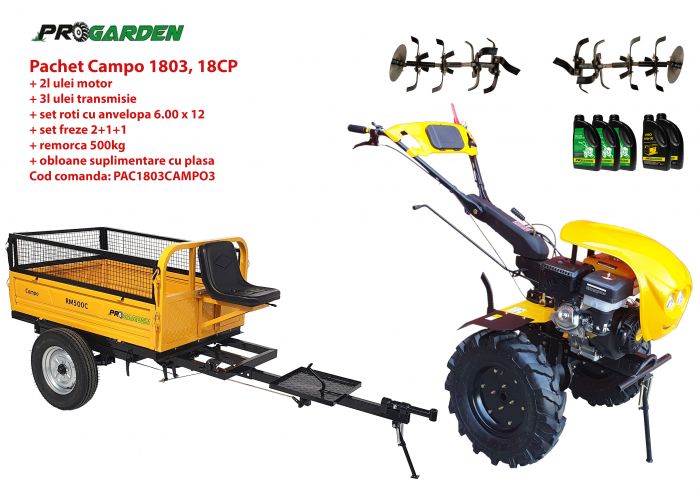 Pachet motocultor ProGARDEN Campo 1803 PAC1803CAMPO3, benzina, EURO 5, 18 CP, 2+1 trepte, remorca 500 kg, ulei motor si transmisie incluse