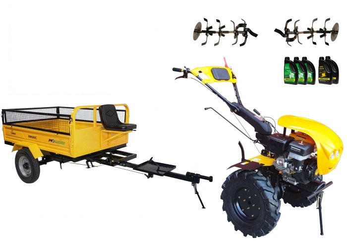 Pachet motocultor ProGARDEN Campo 1803 PAC1803CAMPO4, benzina, EURO 5, 18 CP, 2+1 trepte, remorca 600 kg, ulei motor si transmisie incluse