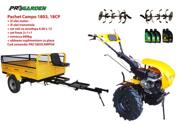 Pachet motocultor ProGARDEN Campo 1803 PAC1803CAMPO4, benzina, EURO 5, 18 CP, 2+1 trepte, remorca 600 kg, ulei motor si transmisie incluse