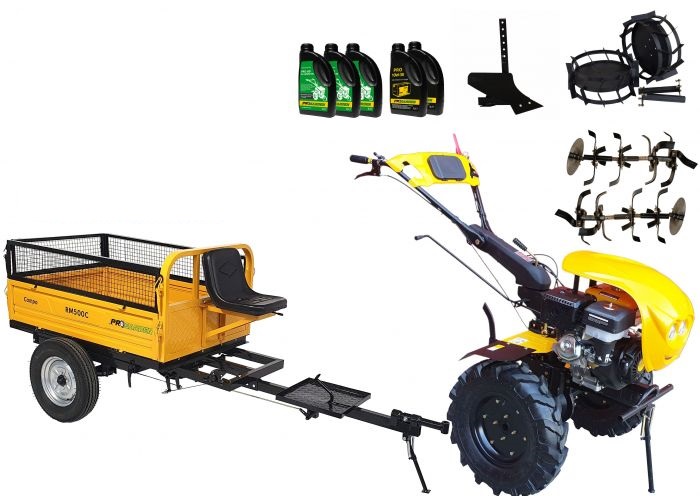 Pachet motocultor ProGARDEN Campo 1803 PAC1803CAMPO6, benzina, EURO 5, 18 CP, 2+1 trepte, remorca 500 kg, accesorii, ulei motor si transmisie incluse