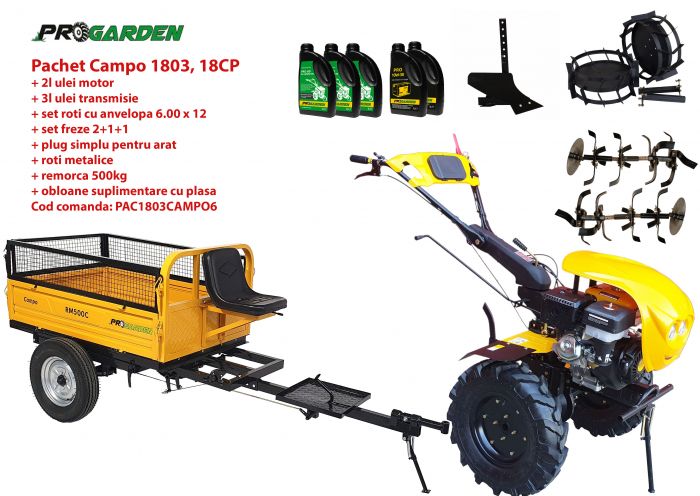 Pachet motocultor ProGARDEN Campo 1803 PAC1803CAMPO6, benzina, EURO 5, 18 CP, 2+1 trepte, remorca 500 kg, accesorii, ulei motor si transmisie incluse