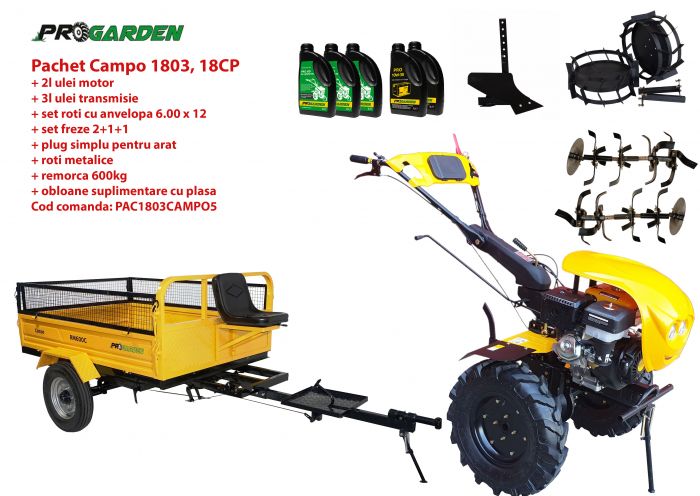Pachet motocultor ProGARDEN Campo 1803 PAC1803CAMPO5, benzina, EURO 5, 18 CP, 2+1 trepte, remorca 600 kg, accesorii, ulei motor si transmisie incluse
