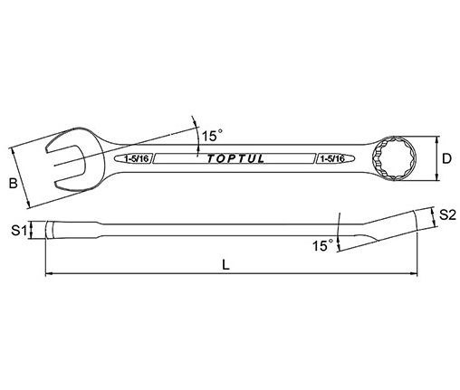 Cheie combinata TOPTUL ACEB4242, cot 15 grade, deschidere cheie 1-5/16 inch, lungime 409 mm, otel crom vanadiu, finisaj satinat