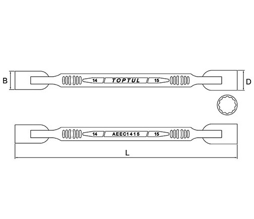 Cheie tubulara dublu articulata TOPTUL AEEC1415, bi-hexagonal, deschidere cheie 14 x 15 mm, lungime 242 mm, crom vanadiu, finisaj satinat