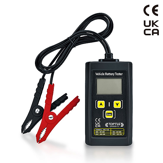 Tester baterii auto 12V cu display digital TOPTUL EAAD0112, cabluri 0.85 m, masurare voltaj, voltaj pornire motor, voltaj incarcare