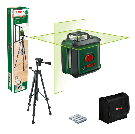 Nivela laser cu linii BOSCH UniversalLevel 360 0603663E06, 24 m, precizie 0.4 mm/m, dioda laser 540 nm, clasa 2, timp 4 s, cu 4 baterii, geanta depozitare si stativ
