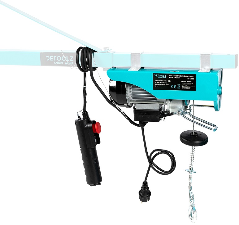 Troliu electric Detoolz, DZ-C262, 450 W, capacitate 250 kg, fir 3 mm, fara suport
