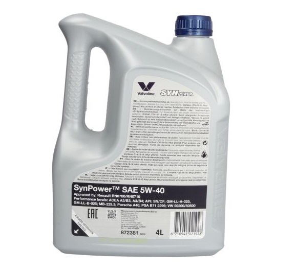 Ulei motor VALVOLINE SYNPOWER 5W40, volum 4 litri, sintetic