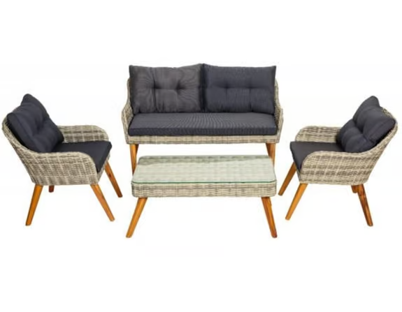 Set de mobilier pentru gradina Green Bay CONWAY 060374, canapea, 2 x fotolii, masa cu blat sticla, picioare lemn, cu perne