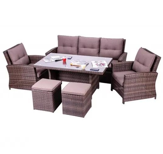 Set de mobilier pentru gradina Green Bay Elda 067203, canapea, 2 x fotolii, 2 x tabureti, masa cu blat sticla, cu perne, maro