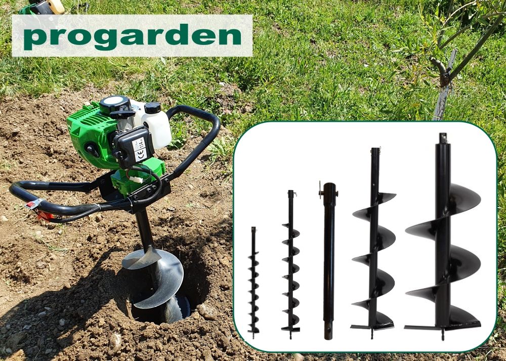 Pachet motoburghiu pamant ProGARDEN GD520-3 PACH520BACC, motor benzina 2T, 2.3CP, set burghie pamant 80, 100, 200, 300 mm, prelungitor burghiu 300 mm