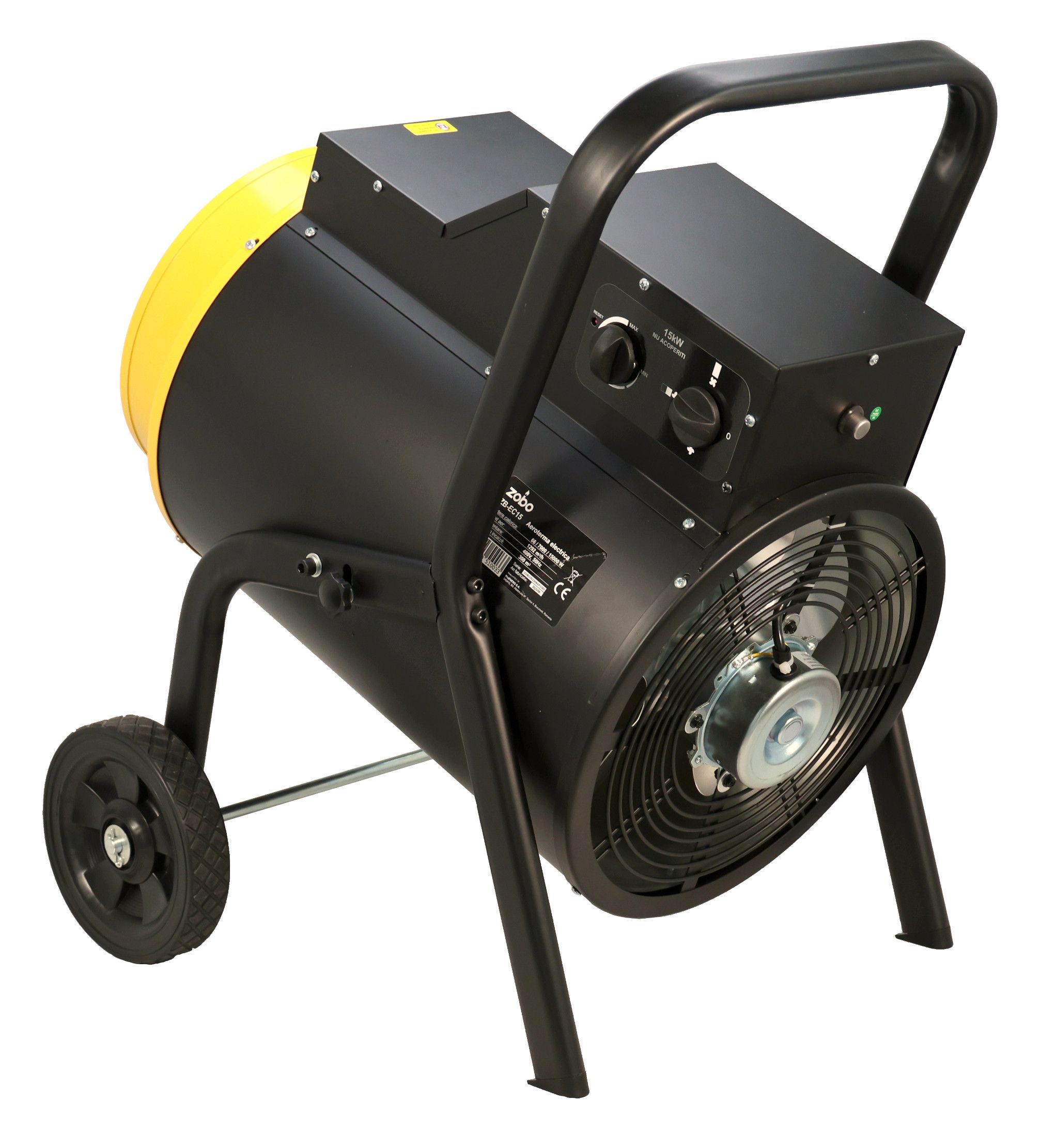 Aeroterma electrica ZOBO ZB-EC15 4590007015, putere maxima 15 kW, alimentare 400 V, volum incalzit 300 mc, debit aer 1292 mc/h, IP X4