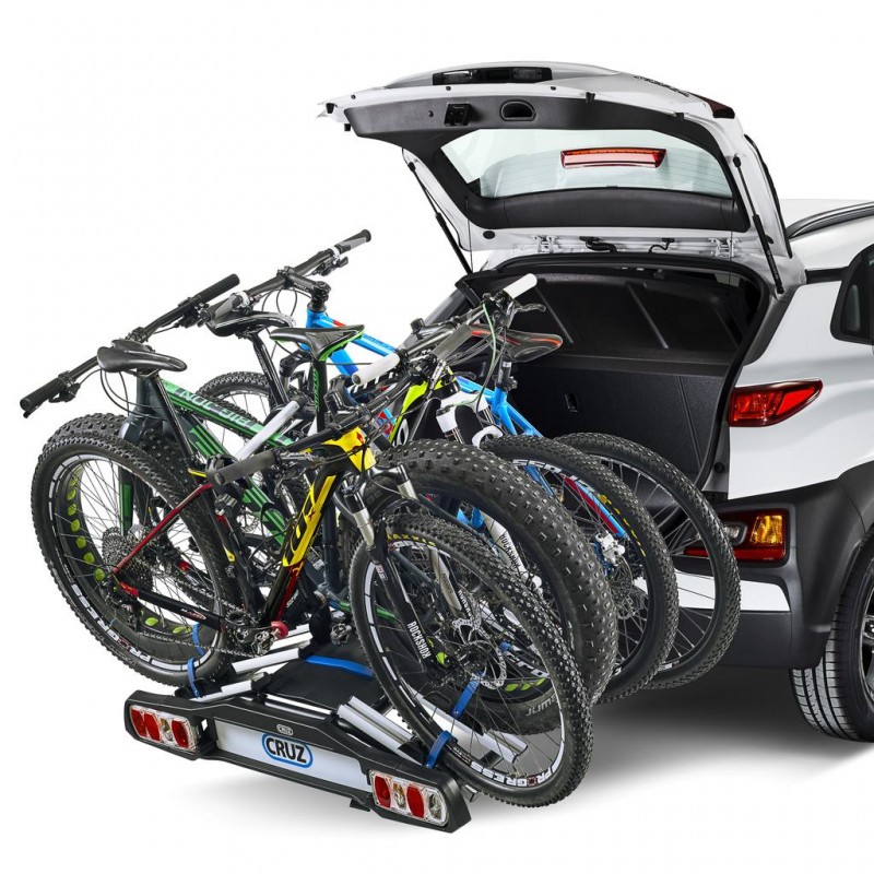 Suport pentru 4 biciclete CRUZ Pivot 940-515, greutate suportata 60 kg, prindere pe carligul de remorcare, priza alimentare 13 pini, cu antifurt