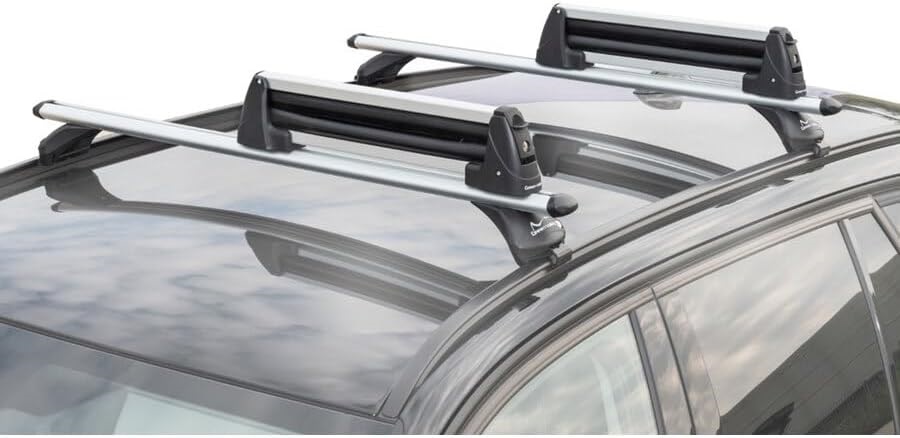Suport auto pentru schiuri GREEN VALLEY Rider 160504, aluminiu, prindere pe barele transversale, pentru 4 perechi schiuri, 2 snowboard, cu antifurt