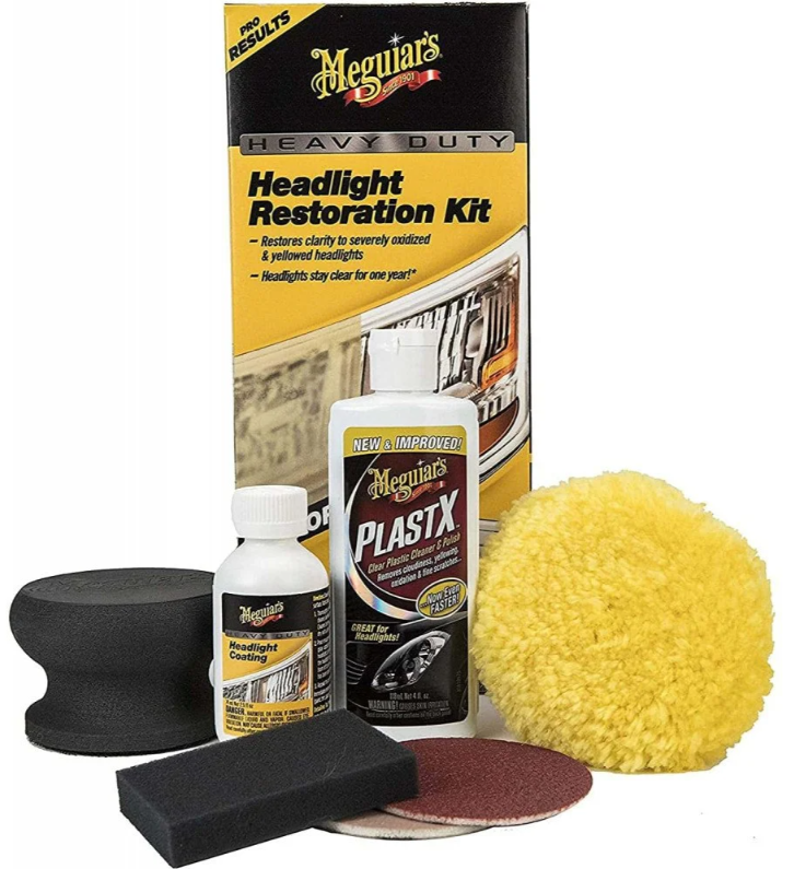 Kit polish faruri MEGUIARS Heavy Duty Headlight Restoration Kit G2980, solutie 118 ml, tampon aplicare, burete polish, 2 x disc abraziv