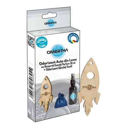 Odorizant auto OMERTHA OME10, forma racheta, din lemn, sticluta 30 ml, esenta parfum Black Mist
