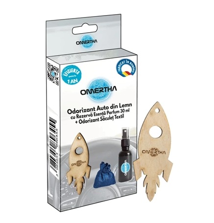Odorizant auto OMERTHA OME12, forma racheta, din lemn, sticluta 30 ml, esenta parfum Lavanda