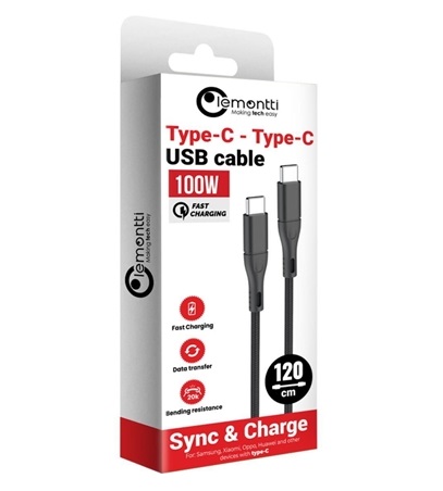 Cablu telefon LEMONTTI 6420628100380AE, SuperFast 100W, USB Type-C la USB Type-C, negru, lungime 1.2 metri, impletitura textila