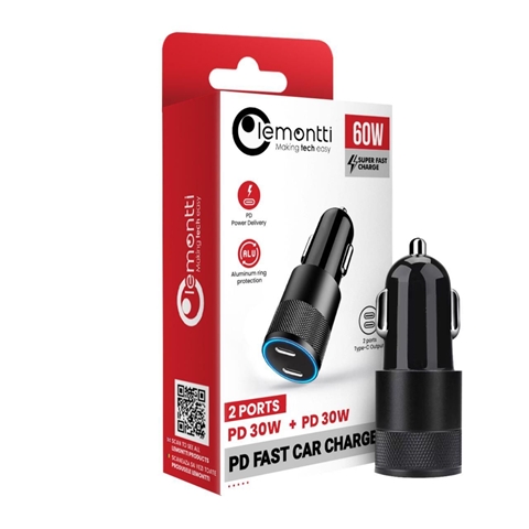 Incarcator auto LEMONTTI 6420628100205AE, Super Fast Charge, 60W, 2 x 30W Type-C, negru