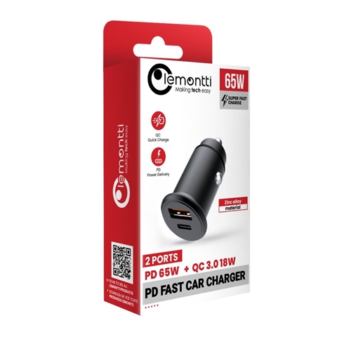 Incarcator auto LEMONTTI 6420628100229AE, Super Fast Charge, 65W, 1 x 65W Type-C, 1 x QC3.0 USB-A, negru