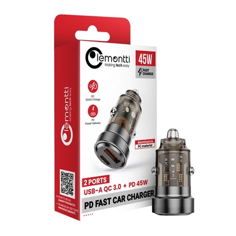 Incarcator auto LEMONTTI 6420628100250AE, Super Fast Charge, 45W, 1 x 45W Type-C, 1 x QC3.0 USB-A, transparent/negru