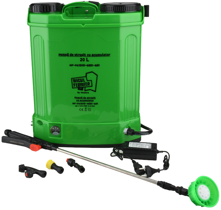 Pompa de stropit cu acumulator MICUL FERMIER MF-PA1010-S001-G01, 8 Ah, 5.5 bar, 2.6 l/min, volum rezervor 20 litri, lance 46-80 cm
