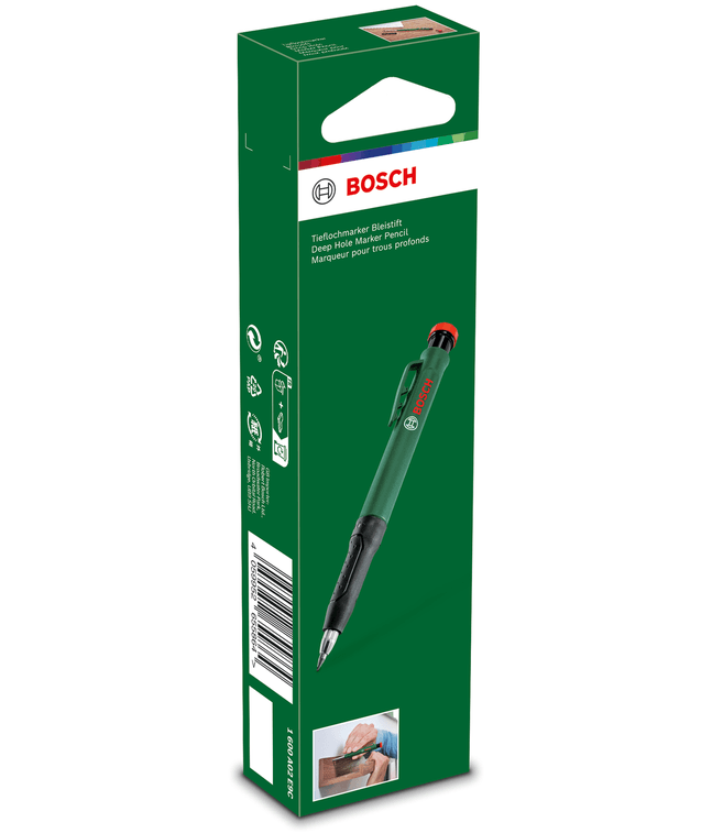 Creion marcare pentru gauri adanci BOSCH 1600A02E9C, mina din grafit HB, capac detasabil, corp din otel inoxidabil, 147 x 19 x 15 mm