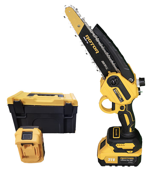 Mini fierastrau electric cu lant ROTOR RMC218 13674, 900 W, lama 20 cm/8 inch, lungime taiere 100 mm, lant 22 dinti, 4500 rpm, 2 x 21 V, 4 Ah, cutie