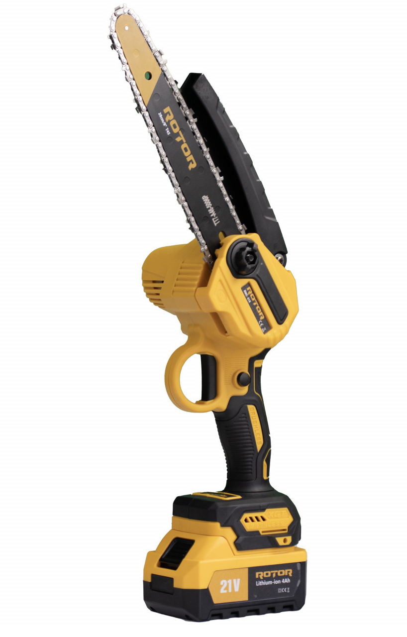 Mini fierastrau electric cu lant ROTOR RMC218 13674, 900 W, lama 20 cm/8 inch, lungime taiere 100 mm, lant 22 dinti, 4500 rpm, 2 x 21 V, 4 Ah, cutie