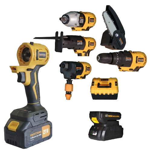 Kit masina multifunctionala electrica ROTOR JFCT001 13685, pistol impact, bormasina, mini fierastrau, 2 x acumulator 21V, 2 Ah/4 Ah, cutie