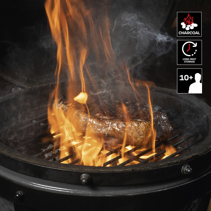 Gratar ceramic pe carbuni LANDMANN Kamado 00575, suprafata de gatit din otel inoxidabil, diametru 57 cm, 85 x 76 x 131 cm, cu termometru, gri, cu suport