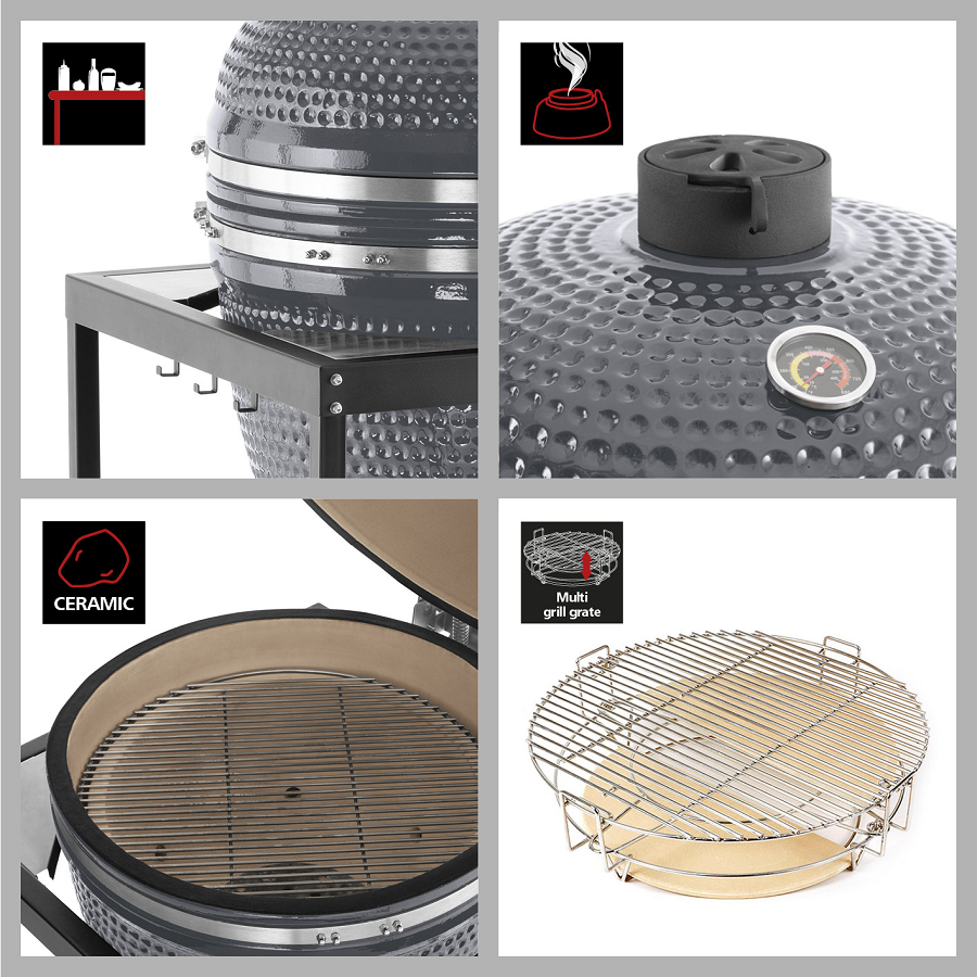 Gratar ceramic pe carbuni LANDMANN Kamado 00575, suprafata de gatit din otel inoxidabil, diametru 57 cm, 85 x 76 x 131 cm, cu termometru, gri, cu suport