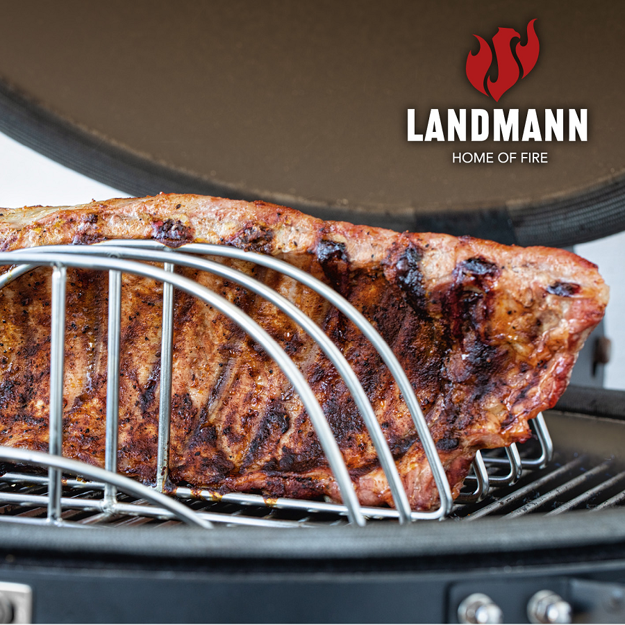 Gratar ceramic pe carbuni LANDMANN Kamado 00575, suprafata de gatit din otel inoxidabil, diametru 57 cm, 85 x 76 x 131 cm, cu termometru, gri, cu suport