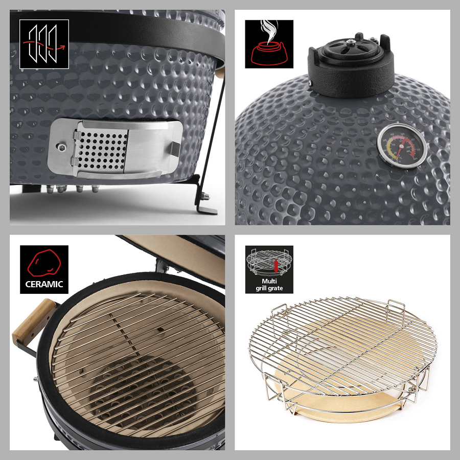 Gratar ceramic pe carbuni LANDMANN Kamado 00572, suprafata de gatit din otel inoxidabil, diametru 33.5 cm, 55 x 55 x 55 cm, cu termometru, gri, suport cu 4 picioare