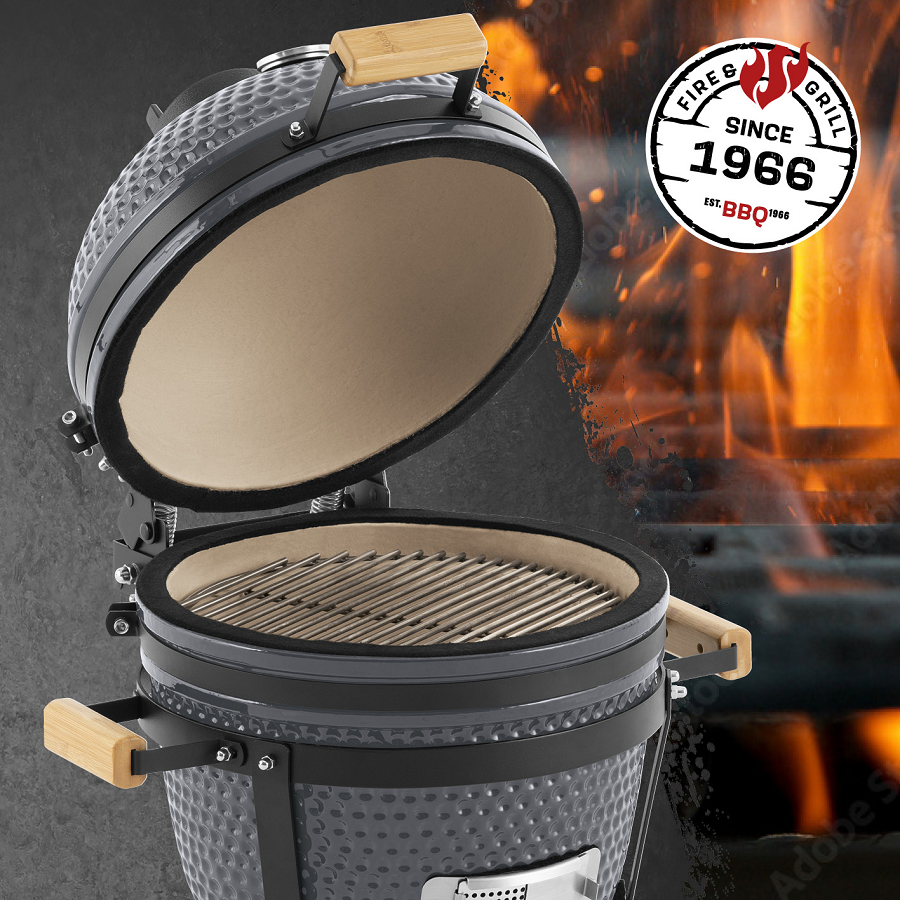 Gratar ceramic pe carbuni LANDMANN Kamado 00572, suprafata de gatit din otel inoxidabil, diametru 33.5 cm, 55 x 55 x 55 cm, cu termometru, gri, suport cu 4 picioare