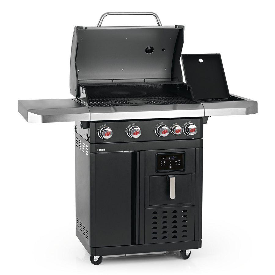 Gratar pe gaz LANDMANN Fryton 4.1 06196, cu airfrier incorporat, 64 x 40 cm, suprafata de gatit din fonta, cu termometru, display LED, cu regulator presiune