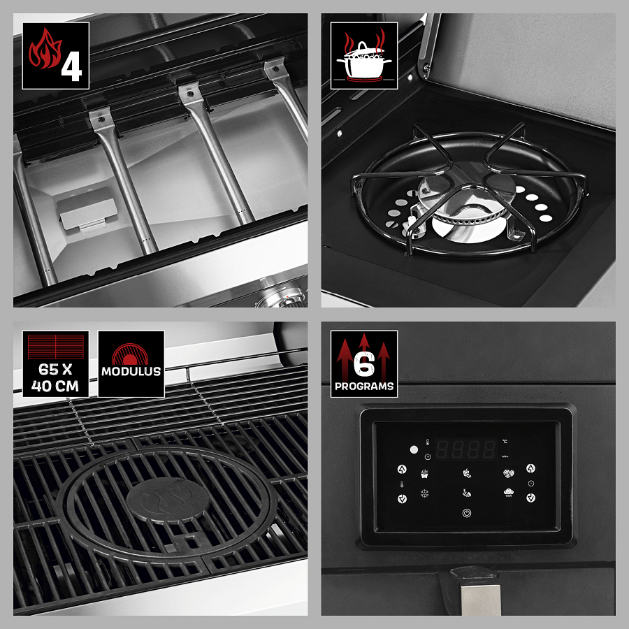 Gratar pe gaz LANDMANN Fryton 4.1 06196, cu airfrier incorporat, 64 x 40 cm, suprafata de gatit din fonta, cu termometru, display LED, cu regulator presiune