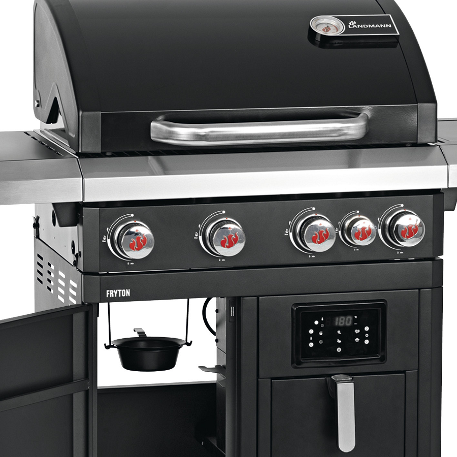 Gratar pe gaz LANDMANN Fryton 4.1 06196, cu airfrier incorporat, 64 x 40 cm, suprafata de gatit din fonta, cu termometru, display LED, cu regulator presiune