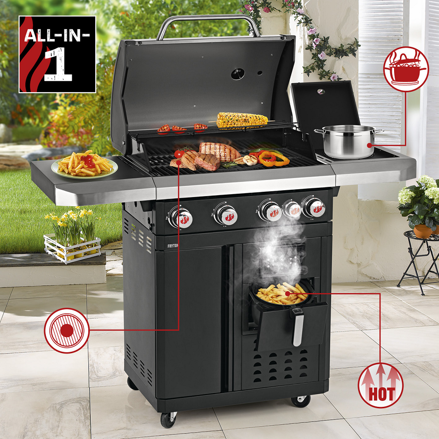 Gratar pe gaz LANDMANN Fryton 4.1 06196, cu airfrier incorporat, 64 x 40 cm, suprafata de gatit din fonta, cu termometru, display LED, cu regulator presiune