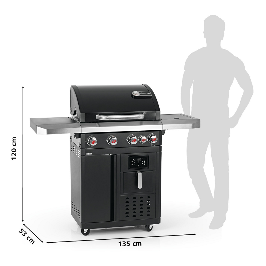 Gratar pe gaz LANDMANN Fryton 4.1 06196, cu airfrier incorporat, 64 x 40 cm, suprafata de gatit din fonta, cu termometru, display LED, cu regulator presiune