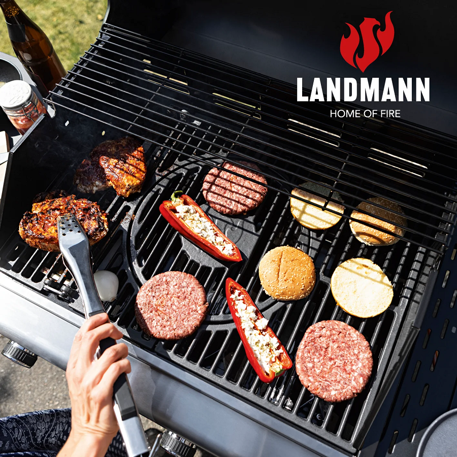 Gratar pe gaz si carbune LANDMANN Triton 4.1 Gas-To-Coal 04585, suprafata de gatit din fonta/otel inoxidabil, 4 arzatoare gaz, 3.5 kW, 125 x 57 x 120 cm